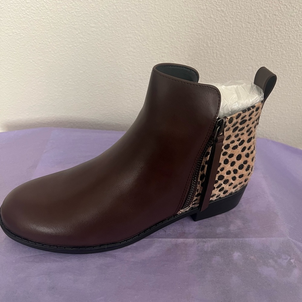 Brown animal print booties.